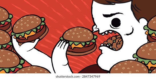 man compulsively devouring multiple burgers during a binge eating episode