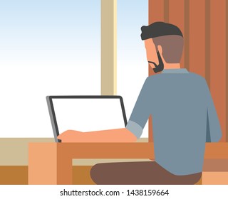 man and computer back view, vector illustration 