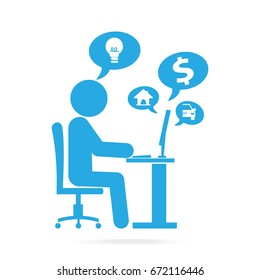 Man and computer blue icon, idea with commerce online or work make money online concept