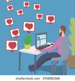 a man at a computer, a man at a computer, a man browses social networks, a man likes a photo,