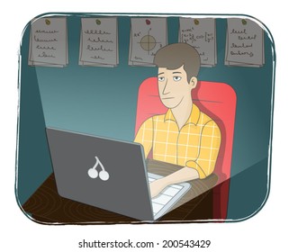 Man at computer, business working on laptop at night time. Online business and online education. Tired and exhausted. Vector illustration. 