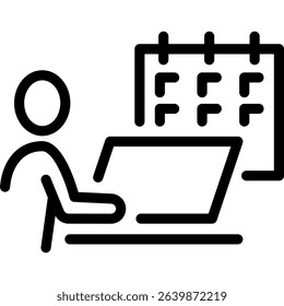 Man at Computer with Calendar Reminder. Vector Line Icon