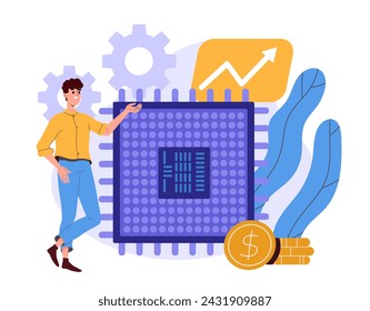 Hombre con chip de computadora. Tecnologías e innovaciones modernas. Hardware y pieza de ordenador o portátil. Componentes electrónicos. Ilustración plana del vector de la historieta aislada sobre fondo blanco