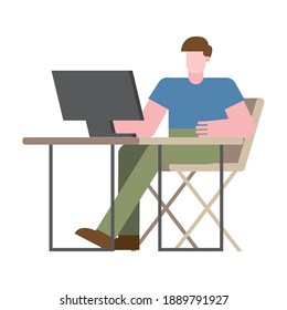 Man with computer at desk working from home design of telecommuting theme Vector illustration
