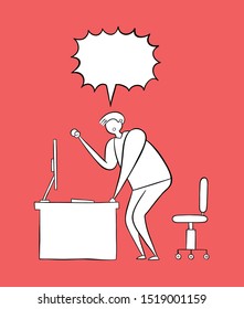 The man is at the computer desk and yelling frustrated. Vector illustration. White and black outlines and colored background.