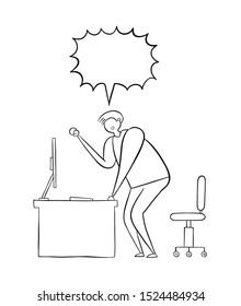 The man is at the computer desk and yelling frustrated. Vector illustration. Black outlines and white background.