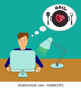 Man of computer desktop with  bubble, dream about bbq. BBQ icon.Working in the office behind a desk with a computer. Vector concept in a flat style