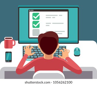Man at computer filling online questionnaire form. Survey vector flat concept. Feedback and questionnaire online, survey and report illustration