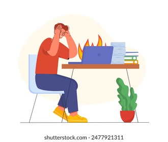 Man with computer fire. Young boy covers face with his hands next to burning laptop. Problems with gadgets and technology, pc breakdowns. Cartoon flat vector illustration isolated on white background