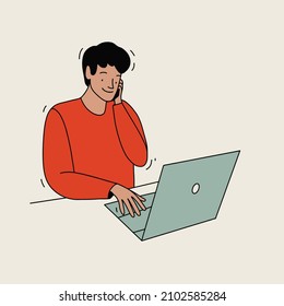 Man with computer flat vector illustration, phone call, worker with laptop