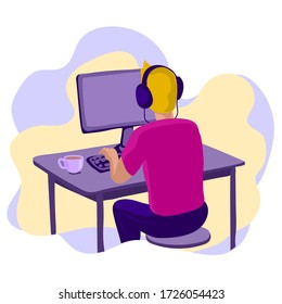 A man at a computer with headphones at home workplace view from the back. Vector flat concept.