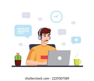 Mann mit Computer, Kopfhörer und Mikrofon. Concept Illustration für Support, Support, Call Center. Call Center Operator. Vektorgrafik in Flachstil