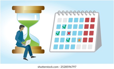 Homem com computador, ampulheta e calendário. Dimension 16:9 Ilustração vetorial.