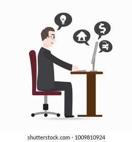 Man and computer icon. Man having commerce online, work make money online concept