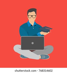 Man with computer laptop graduation hat in hand education and business