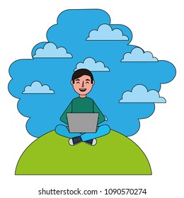 man with computer laptop in landscape character