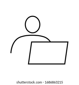 Man and computer line icon. Contour of person behind laptop monitor. Vector Illustration