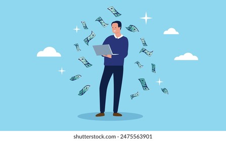 Man with computer making money - Businessman freelancer standing holding laptop earning and getting salary and return on investment from online and internet work. Flat design vector illustration