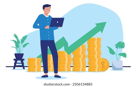 Man with computer making money - One smiling person, IT worker or developer standing holding laptop in front of rising chart diagram with green arrow pointing up towards growth and success