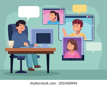 Hombre con computadora en la oficina y gente en video chat con fondo verde