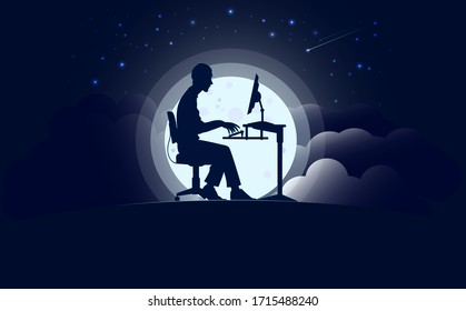 A man at a computer, an office worker or a programmer, against the backdrop of a full moon and starry sky. Phantasmagoria. Vector illustration.