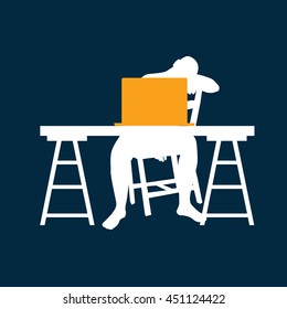 man with computer on desk illustration on blue background