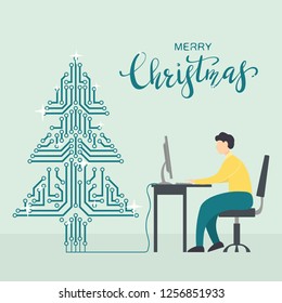Man with a computer on workplace and a digital christmas tree. Text Merry Christmas and Happy New Year, illustration.