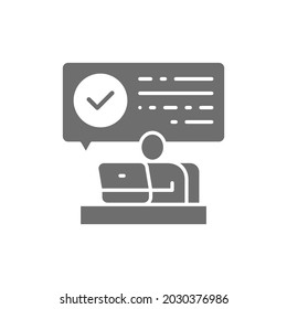 Man at computer received letter with confirmation, approved grey icon.