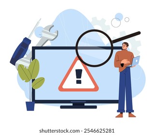 Man with computer repair. Young guy with magnifying glass near computer display and monitor. Hardware and maintenance, technical error. Flat vector illustration isolated on white background