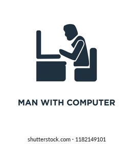 Man with Computer Screen icon. Black filled vector illustration. Man with Computer Screen symbol on white background. Can be used in web and mobile.