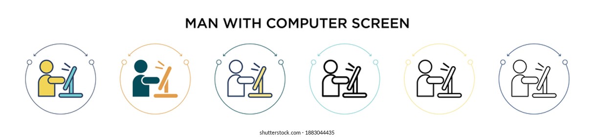 Man with computer screen icon in filled, thin line, outline and stroke style. Vector illustration of two colored and black man with computer screen vector icons designs can be used for mobile, ui,