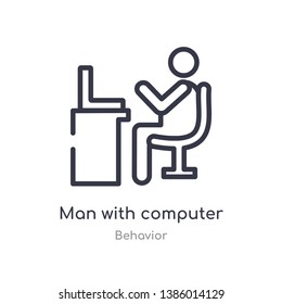 man with computer screen outline icon. isolated line vector illustration from behavior collection. editable thin stroke man with computer screen icon on white background