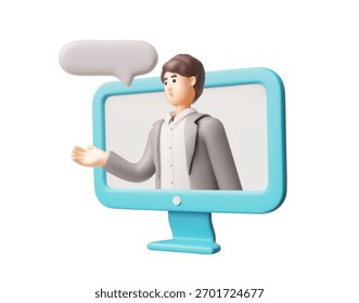 Homem na tela do computador, balão de fala estilo plástico 3D. Caráter masculino de escritório de vetor de desenhos animados apresentando em exibição. Atendimento ao cliente. Consultor on-line, assistente comercial, centro de ajuda