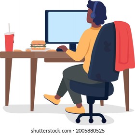 Man at computer semi flat color vector character. Unhealthy lifestyle. Sitting figure. Full body person on white. Gaming isolated modern cartoon style illustration for graphic design and animation