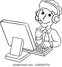 Hombre en la computadora, icono dibujado a mano en el servicio
