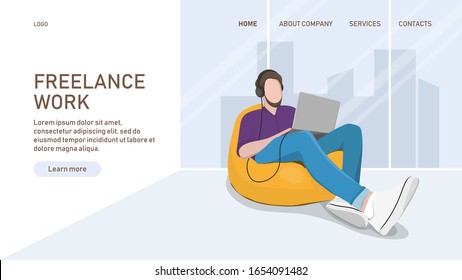 A man with a computer sits on a bean bag chair in a coworking studio. Website landing page design. Vector illustration in a flat style.