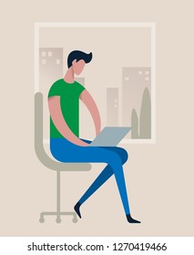 Man with computer. A man sits on a chair with a laptop in his lap