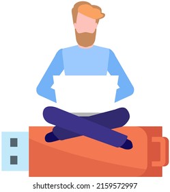 Man with computer sits on USB flash drive isolated on white works in field of digital data processing. Memory stick sign, data storage device. Modern mobile appliance for storing digital information
