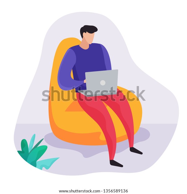 Man Computer Sitting Bean Bag Chair Stock Image Download Now
