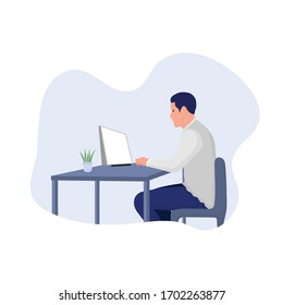 Man with Computer sitting on chair. Work from home concept. vector illustration 