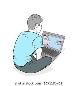 a man at a computer in social networks. quarantine. temporary isolation. vector illustration.