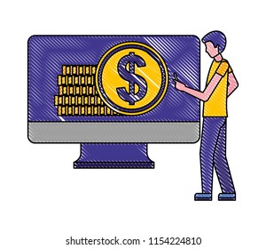 man with computer stacked coin online buy business