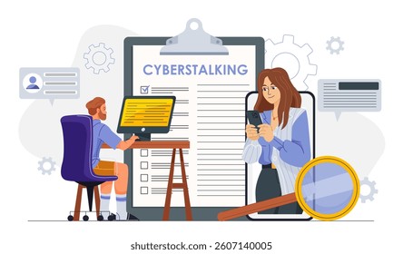 Man at computer stalking woman on phone, large clipboard with Cyberstalking text, gear icons in background, concept of online harassment. Vector illustration