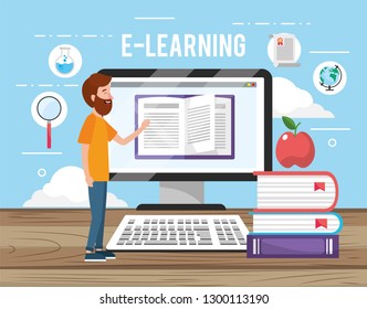 man with computer technology and books with apple
