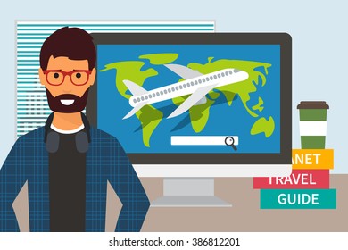 Man at a computer. Travel vacation time. Vector illustration