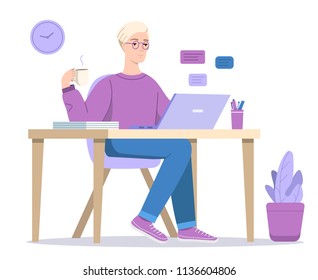 Man at computer vector illustration of boy texting in chat in laptop with coffee sitting at table. Cartoon designer, social media blogger or office manager in glasses at home or workplace