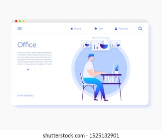 The man at the computer. Vector illustration, businessman at work, implementation of new ideas, data processing. Office work. Laptop and document analysis.