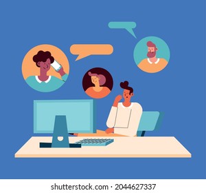 Man with computer in video chat on blue background