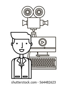 man with computer and video recorder over white background. vector illustration