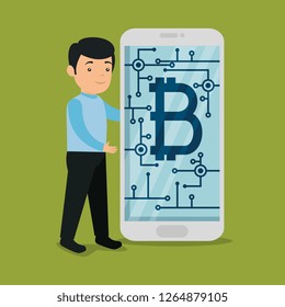 man with computer with virtual bitcoin currency